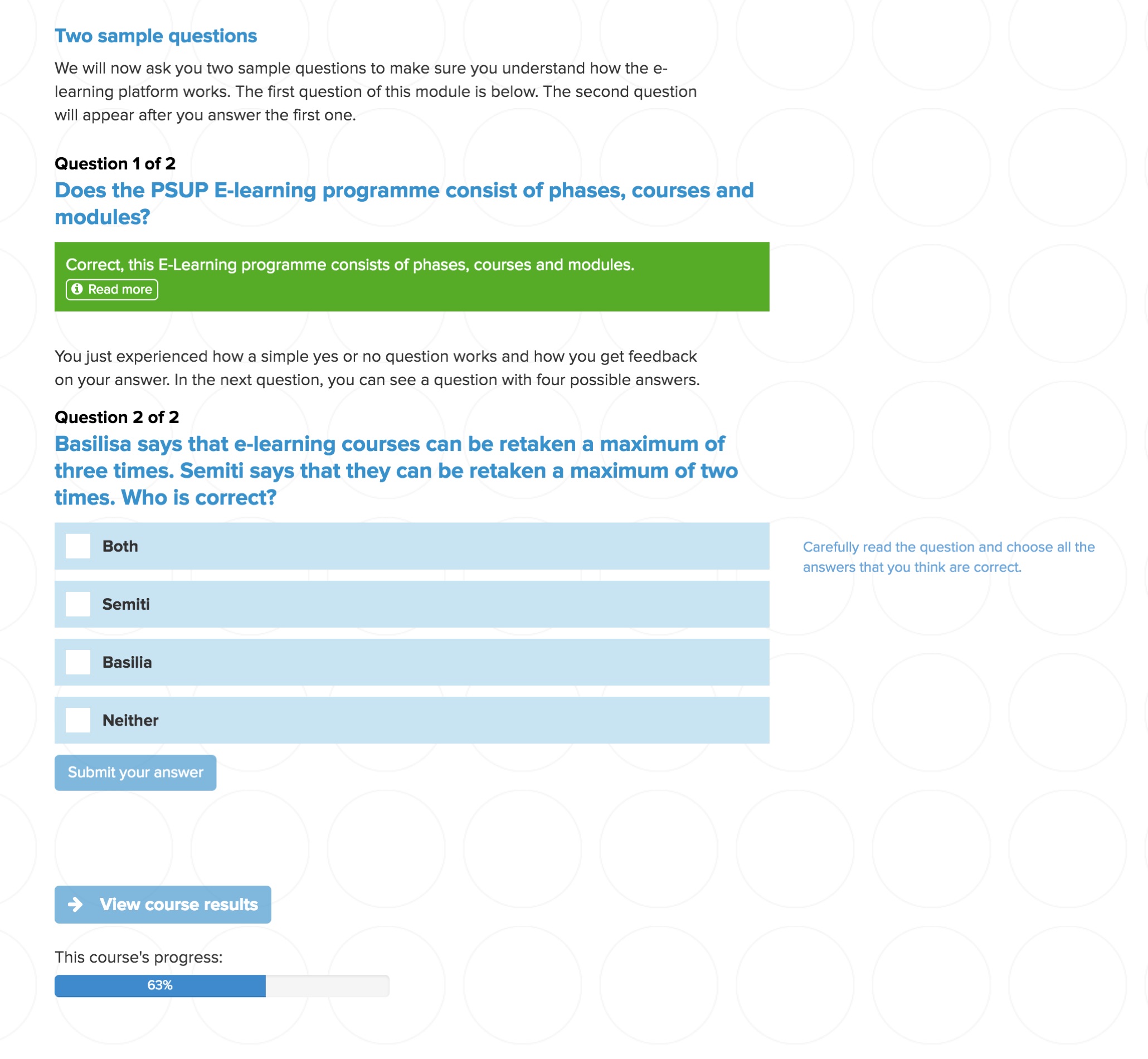 MyPSUP E-Learning question page.